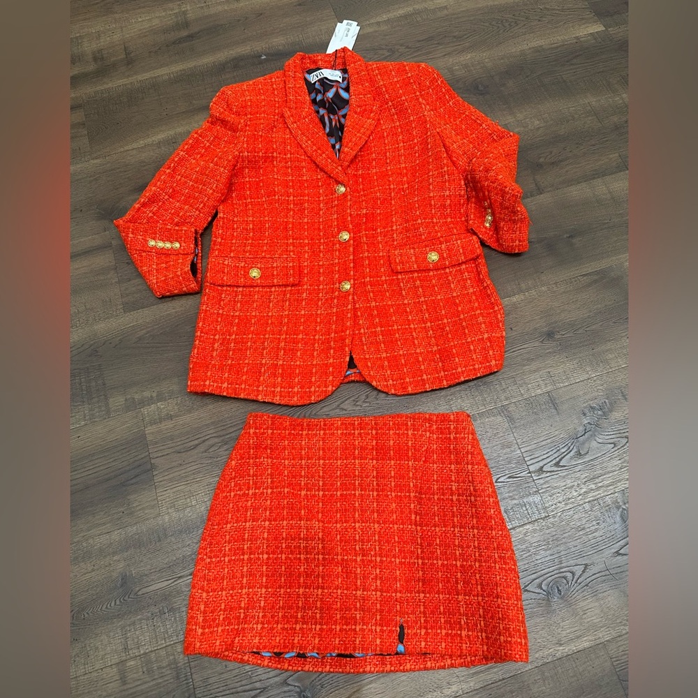 Zara Vibrant Red Tweed Blazer and Skirt Ensemble